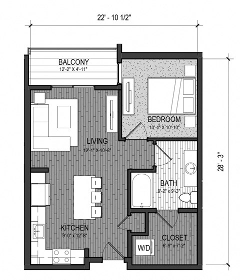Floor plan for 1 bed, 1 bath, 610 sqft